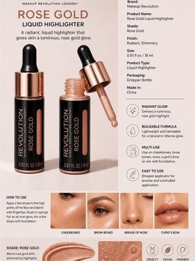 💖 Makeup Revolution Rose Gold Liquid Highlighter – Radiant Glow 💖 l